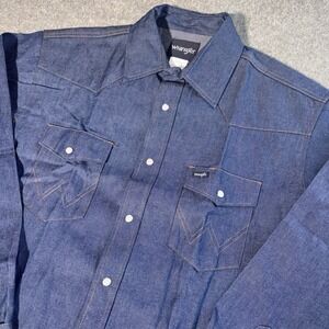 Wrangler Pearl Snap Shirt Mens Xl 16.5x35 Long Sleeve Denim Blue Western Cowboy